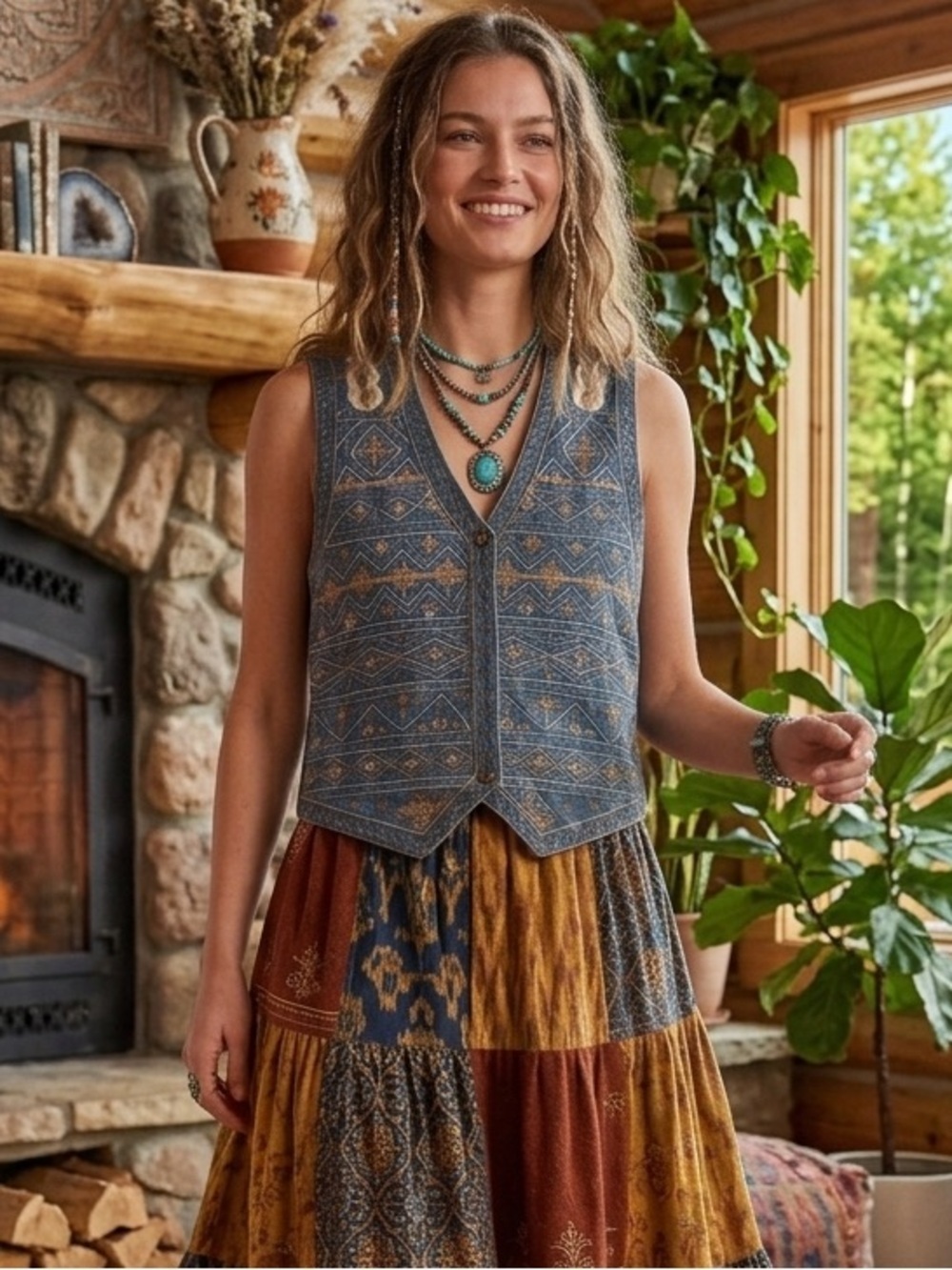 Vintage Agaro size L western embroidered Y2K denim Aztec vest festival
